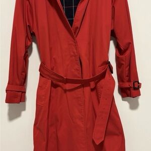 Vintage Burberrys Red Trench Coat Made In England Belted Nova Check Hood